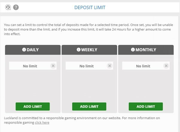 LuckLand deposit limit screenshot