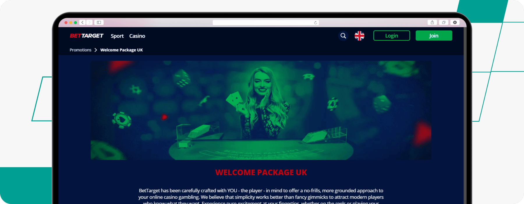 screenshot of bettarget's casino welcome offer